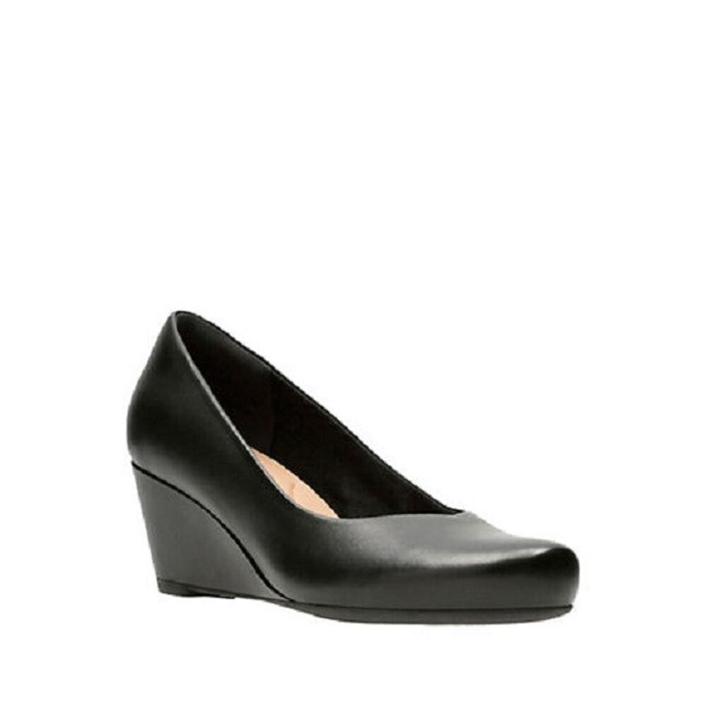 Clarks Women's Flores Tulip Leather Round Toe Wedge Heels, Black Size 6M